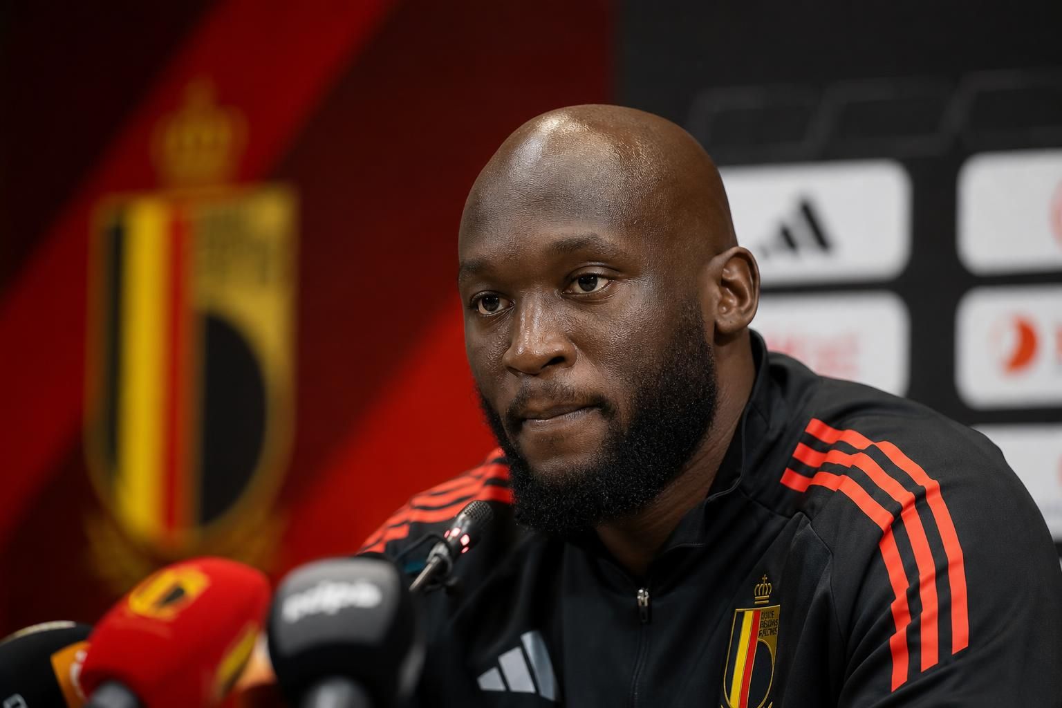 Romelu Lukaku in een ingetogen perscontext rond de Rode Duivels