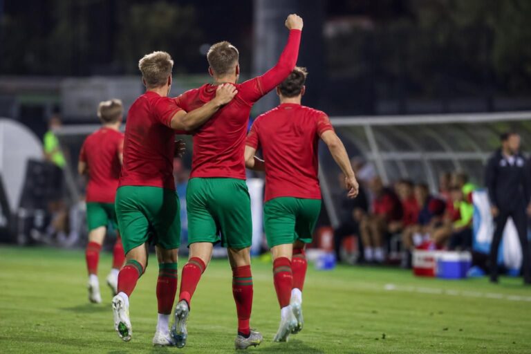Zulte Waregem-spelers vieren een doelpunt tijdens een voorbereidingswedstrijd zonder herkenbare gezichten