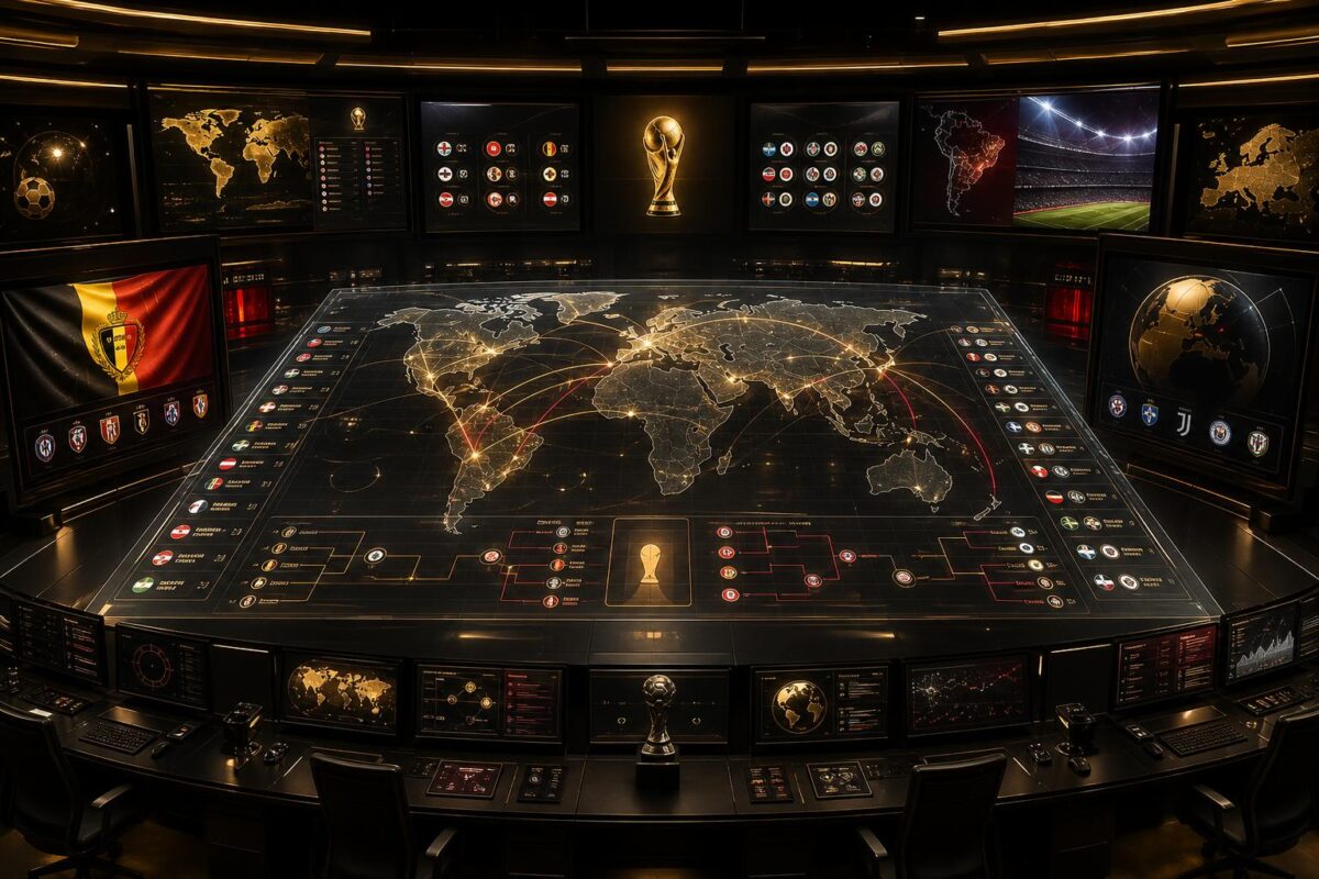 WK Analysecentrum met gouden command center, België-focus en internationale groepsfasecontext