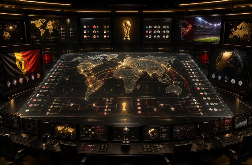 WK Analysecentrum met gouden command center, België-focus en internationale groepsfasecontext
