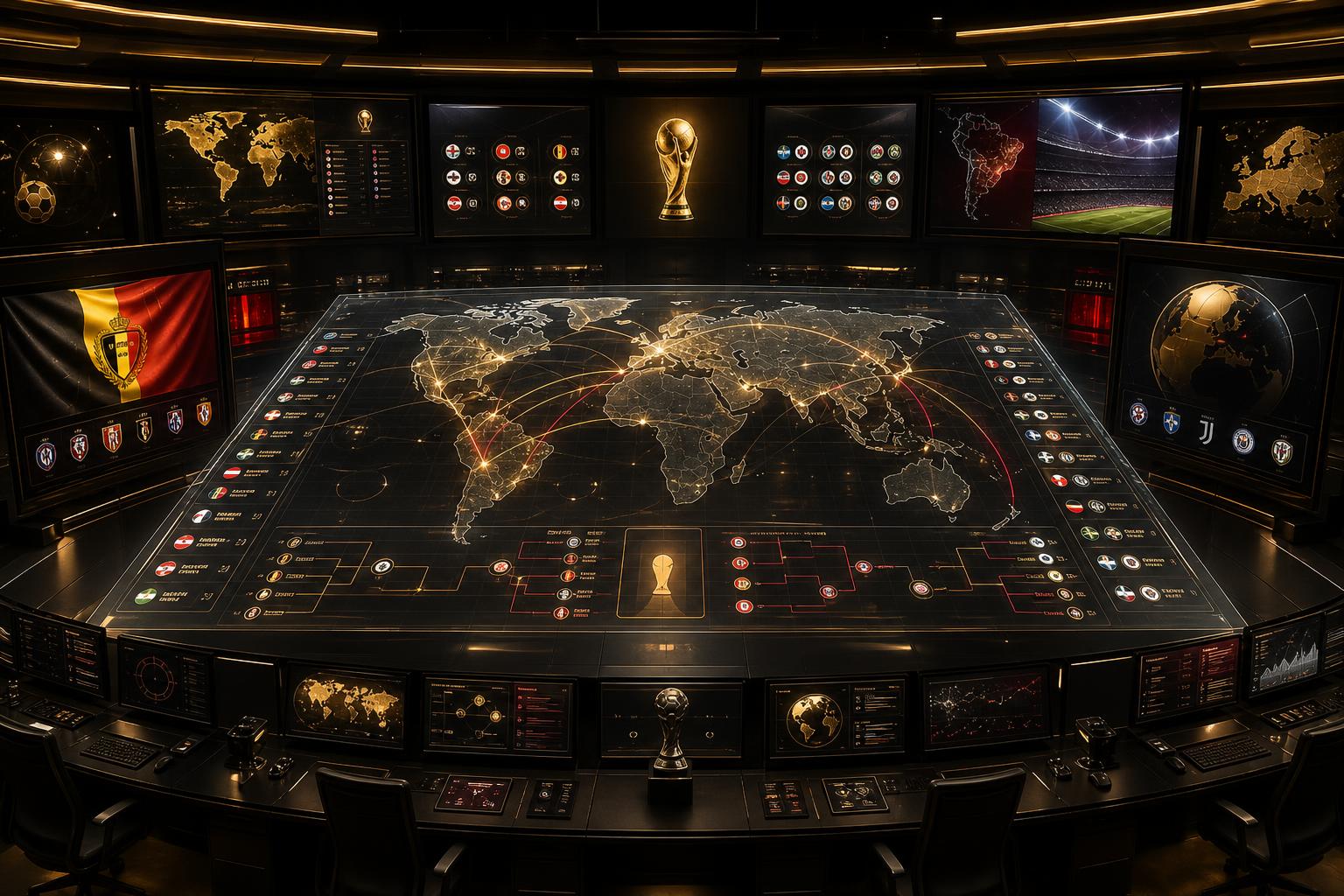 WK Analysecentrum met gouden command center, België-focus en internationale groepsfasecontext