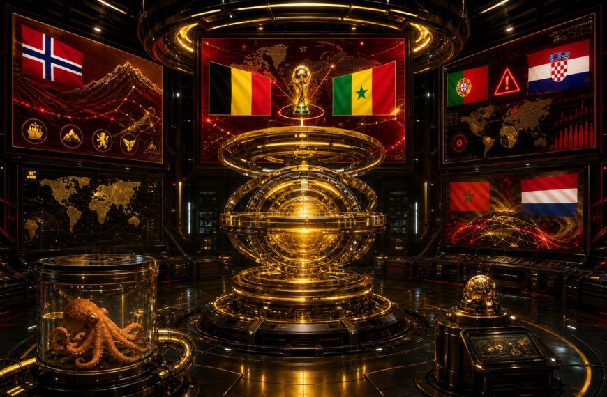 Gouden VoetbalFocus Prediction Engine met WK-projecties en Paul de Octopus in een observatiecapsule