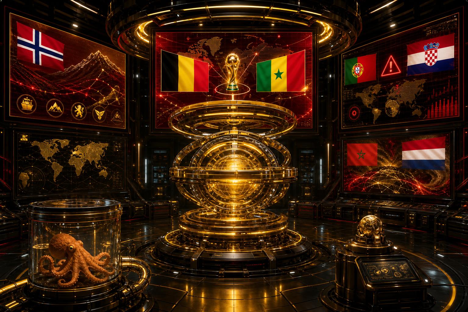 Gouden VoetbalFocus Prediction Engine met WK-projecties en Paul de Octopus in een observatiecapsule