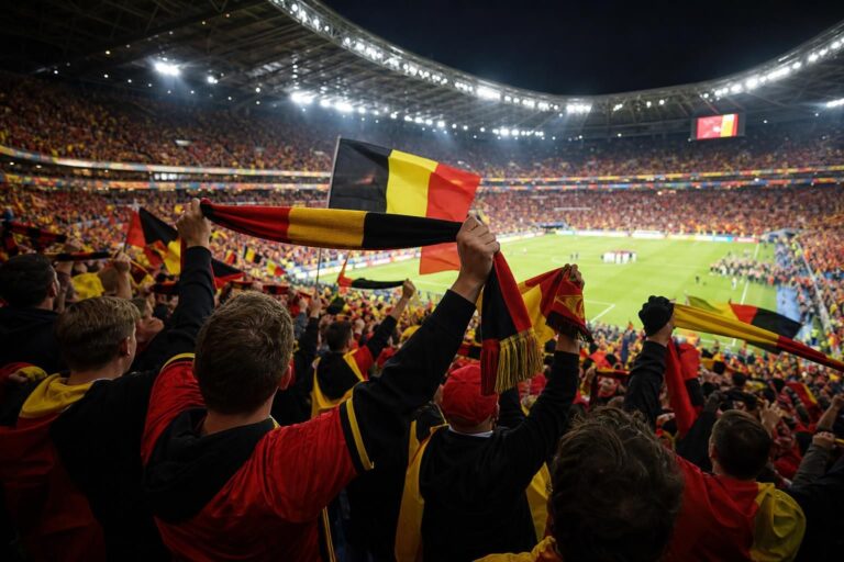 Supporters van de Rode Duivels vieren een WK-kwalificatie in een druk stadion