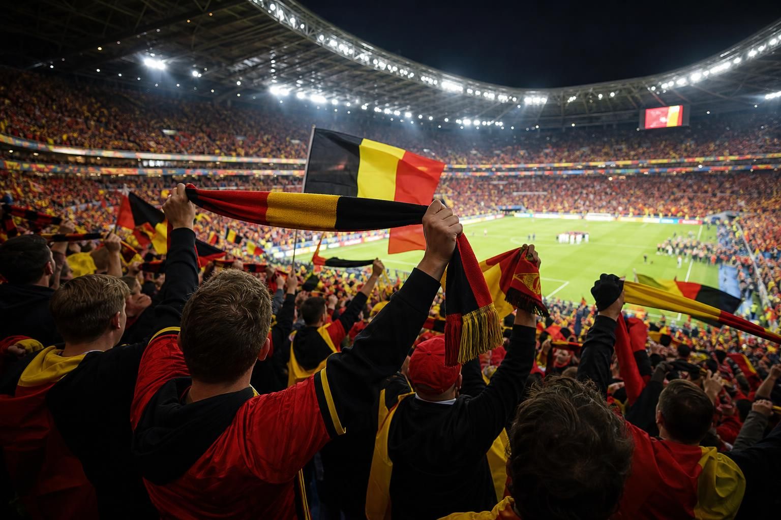 Supporters van de Rode Duivels vieren een WK-kwalificatie in een druk stadion