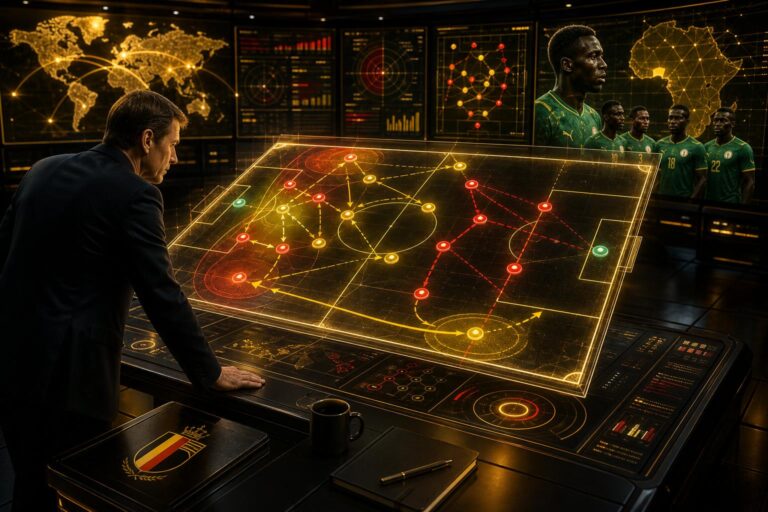 Tactisch schema van België tegen Senegal op het WK 2026 met asymmetrische opbouw en flankdruk
