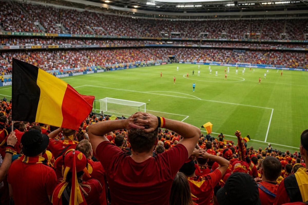 Sfeervol WK-stadionbeeld rond de Rode Duivels met spanning voor een knock-outwedstrijd