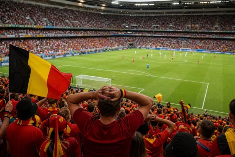 Sfeervol WK-stadionbeeld rond de Rode Duivels met spanning voor een knock-outwedstrijd