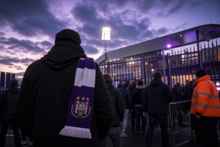 Transfercontext rond RSC Anderlecht met paars-witte voetbalsfeer zonder herkenbare gezichten