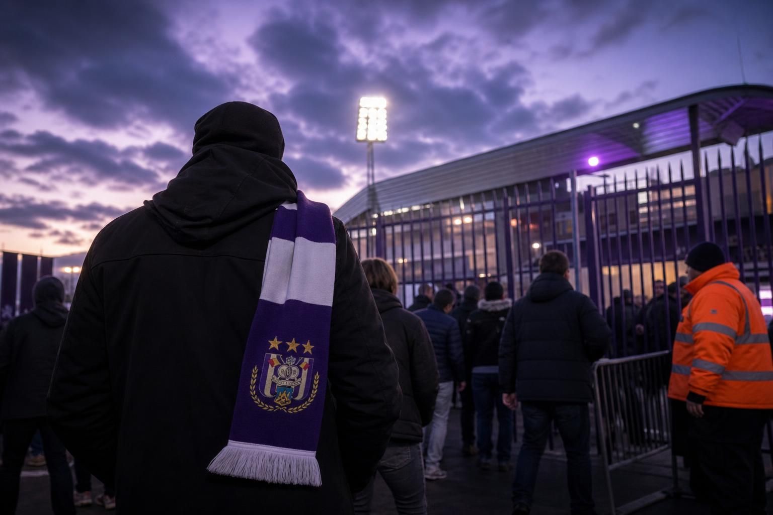 Transfercontext rond RSC Anderlecht met paars-witte voetbalsfeer zonder herkenbare gezichten