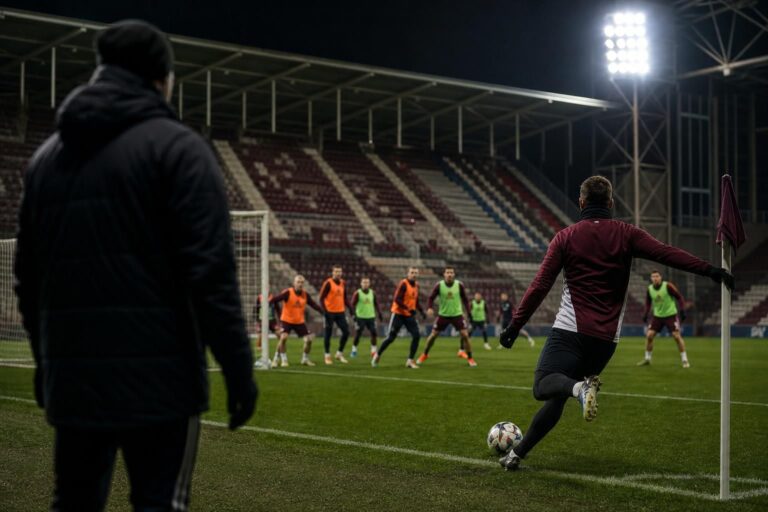 Een gespannen set-piece trainingssituatie bij Hearts zonder herkenbare gezichten