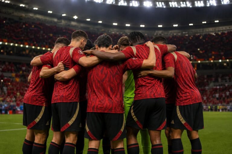 Rode Duivels in een gefocuste huddle onder stadionlichten tijdens het WK 2026