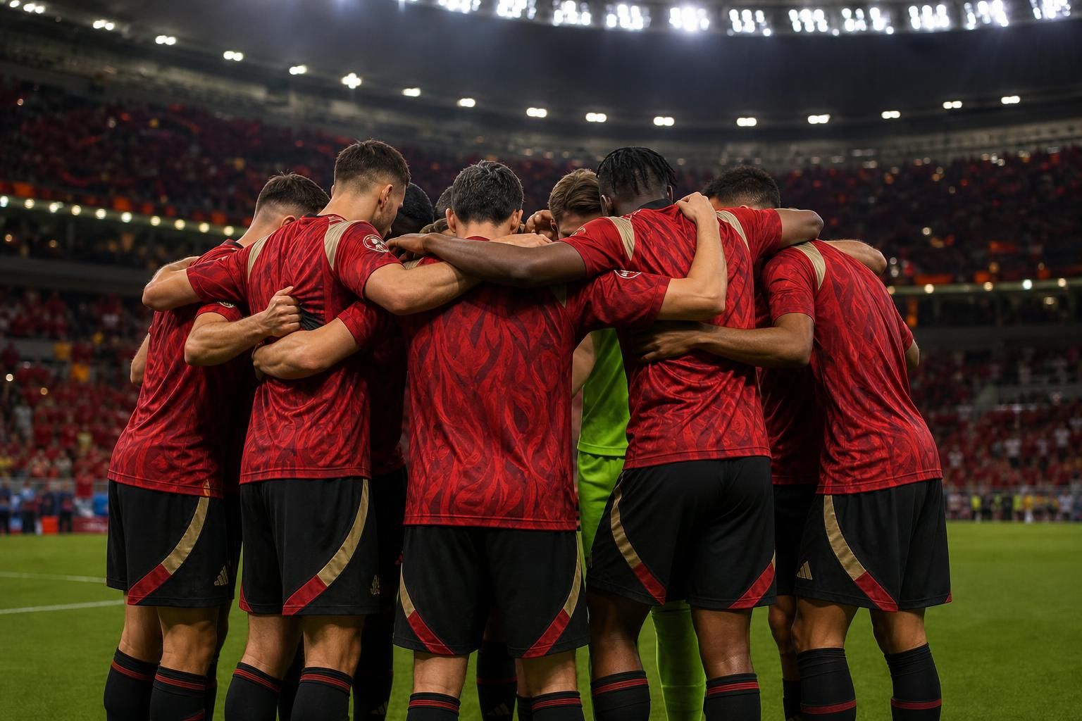 Rode Duivels in een gefocuste huddle onder stadionlichten tijdens het WK 2026
