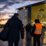 Transfercontext rond Union SG met gespannen stadionomgeving zonder herkenbare gezichten