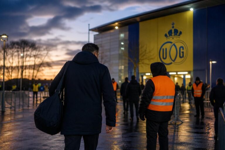 Transfercontext rond Union SG met gespannen stadionomgeving zonder herkenbare gezichten