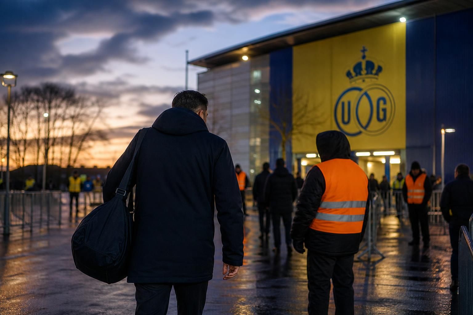 Transfercontext rond Union SG met gespannen stadionomgeving zonder herkenbare gezichten