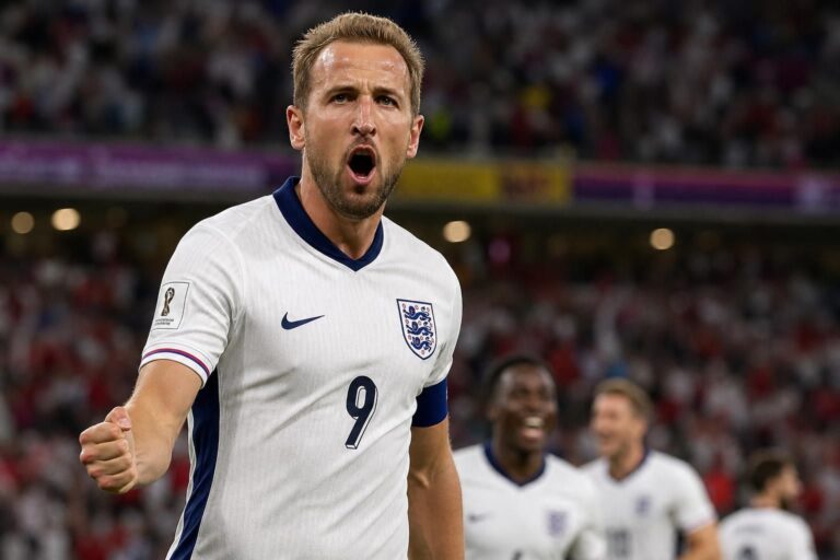 Harry Kane viert een doelpunt voor Engeland op het WK.