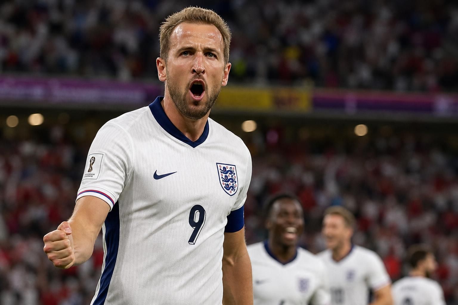 Harry Kane viert een doelpunt voor Engeland op het WK.