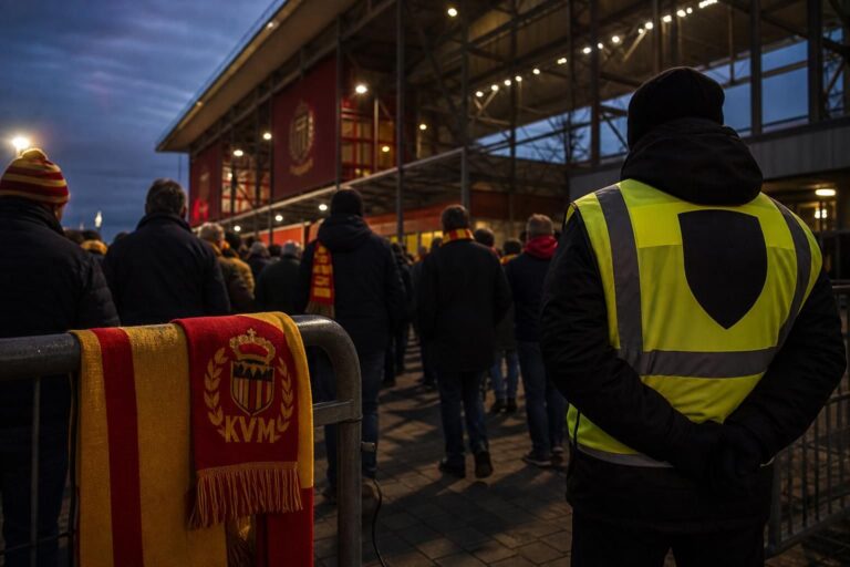 Transfercontext rond KV Mechelen met geel-rode supporterssfeer zonder herkenbare gezichten