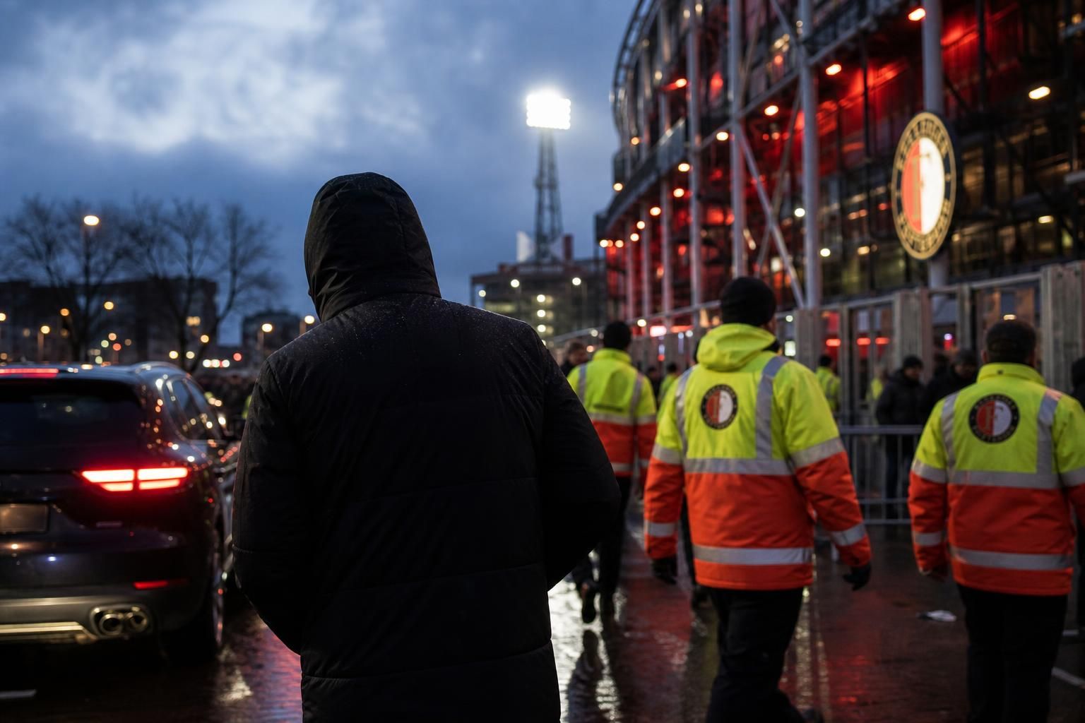 Transfercontext rond Feyenoord met gespannen stadionomgeving zonder herkenbare spelers