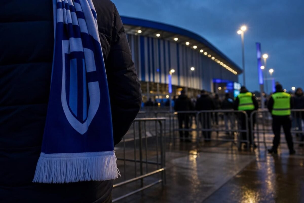 Transfercontext rond KRC Genk met stadionomgeving en gespannen voetbalsfeer zonder herkenbare gezichten