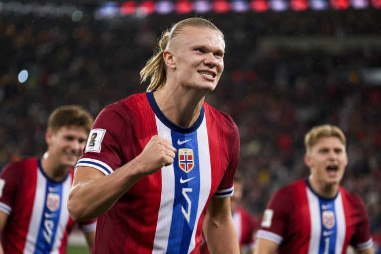 Erling Haaland viert een beslissend moment met Noorwegen op het WK