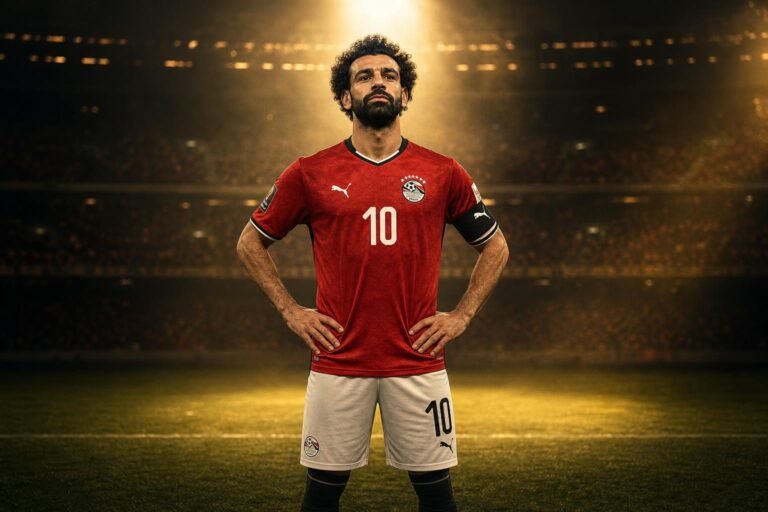 Mohamed Salah als Egyptische sterspeler in een stadion tijdens WK-context