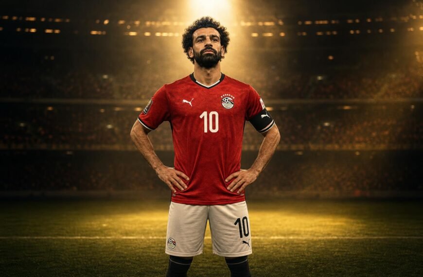Mohamed Salah als Egyptische sterspeler in een stadion tijdens WK-context
