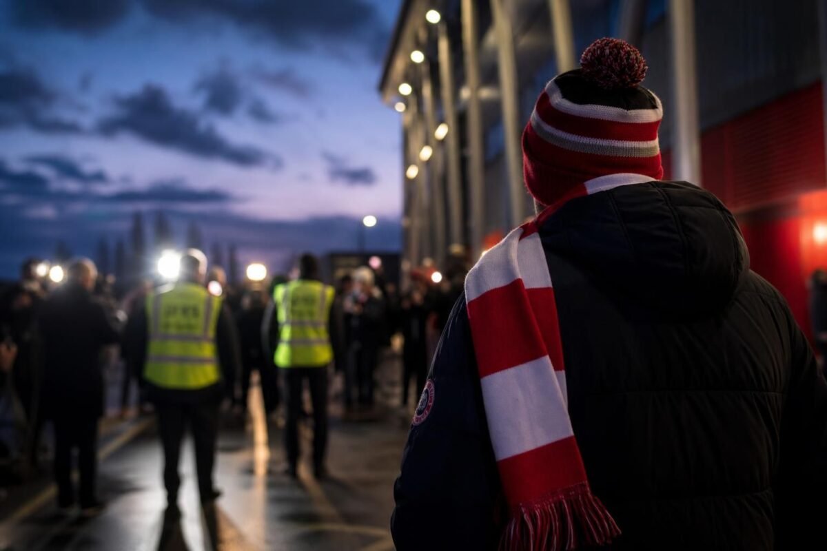 Transferachtige voetbalsfeer rond een stadion bij valavond zonder herkenbare gezichten