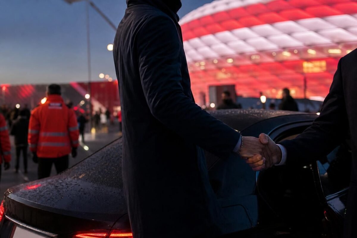 Transfercontext rond Bayern München met stadionlichten en gespannen aankomstsfeer