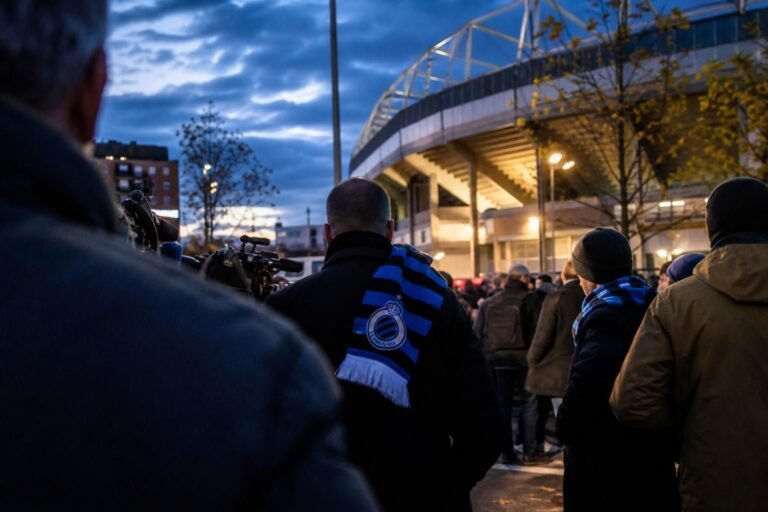 Transfergerelateerde sfeer rond Club Brugge in een stadionomgeving zonder herkenbare gezichten