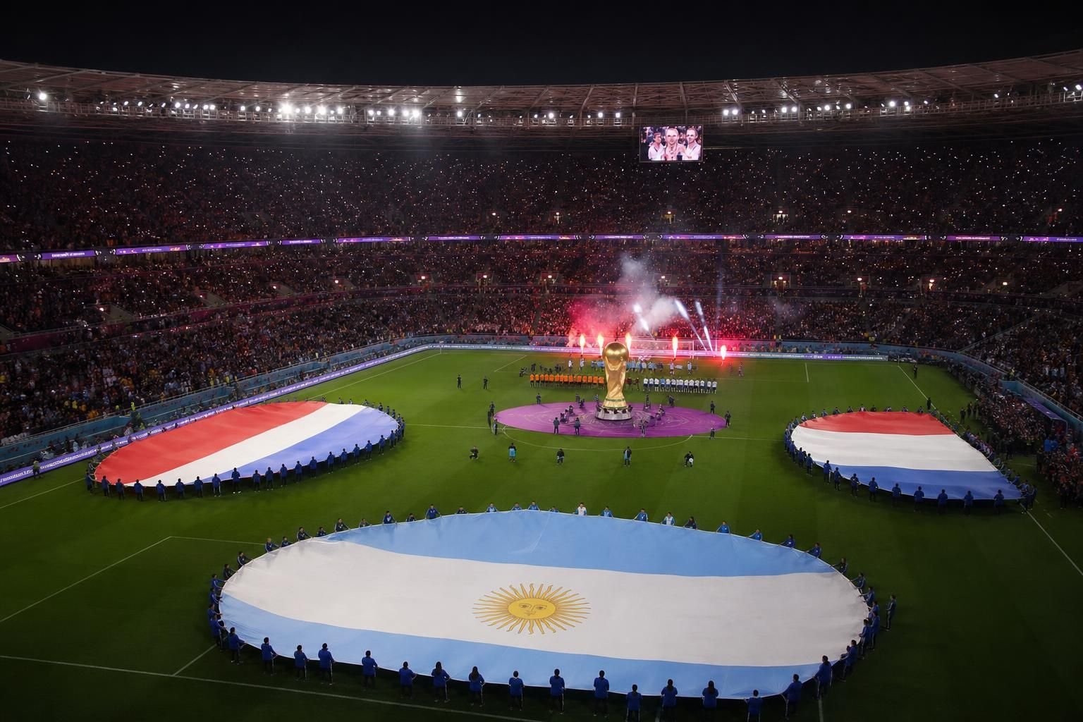 WK-stadion met grote nationale vlaggen en spelersgroepen rond de middencirkel voor de aftrap