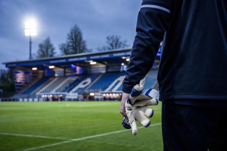 Transferbeeld rond Patro Eisden met doelmannenhandschoenen in een stadioncontext