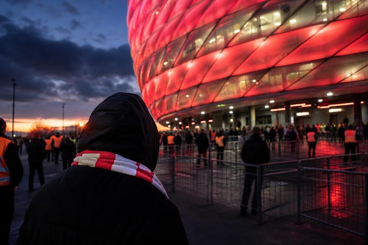 Transfercontext rond Bayern München met stadionomgeving en gespannen voetbalsfeer