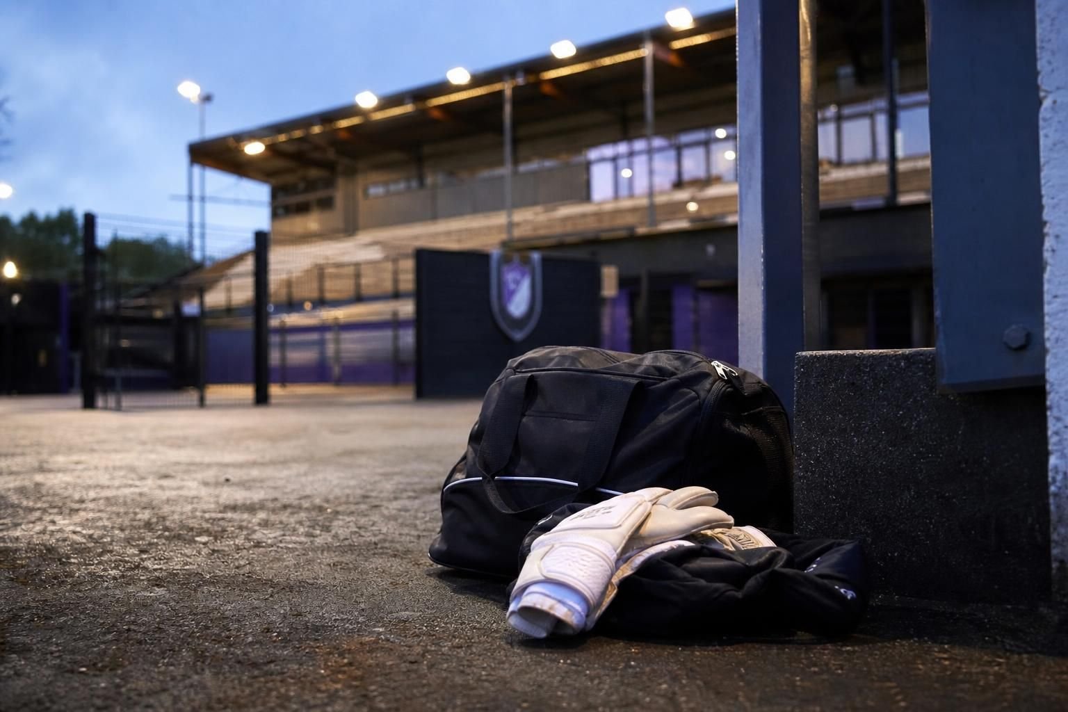 Keepershandschoenen en sporttas in een transfercontext bij een voetbalstadion.