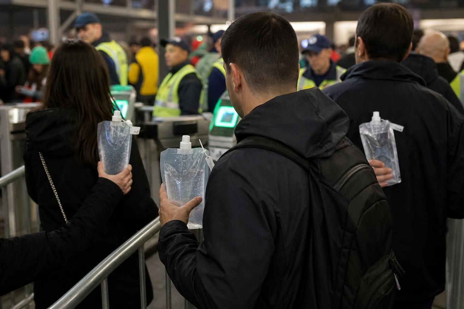 Supporters bij een stadioncontrole met verzegelde drinkflessen voor een WK-wedstrijd