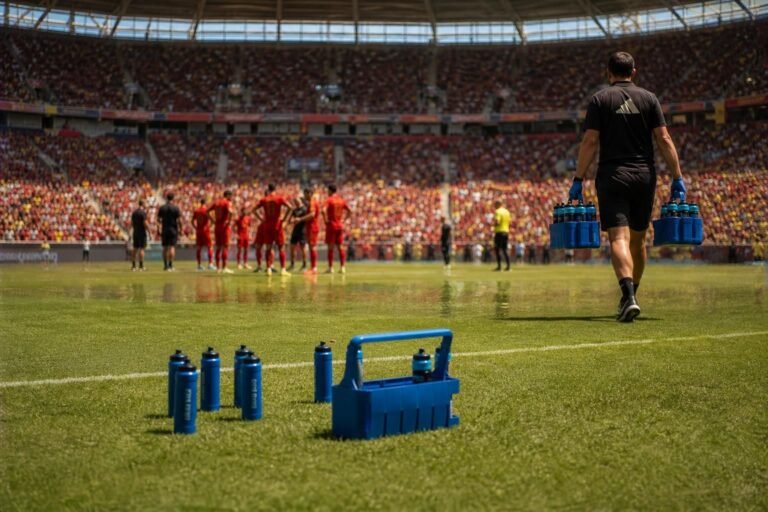 Voetbalstadion tijdens een hete WK-wedstrijddag met aandacht voor drinkpauzes en weersomstandigheden