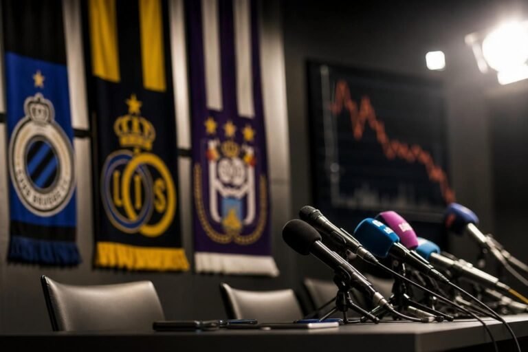 Microfoons in een Belgische voetbalpersruimte bij een debat over de financiële rol van transfers.