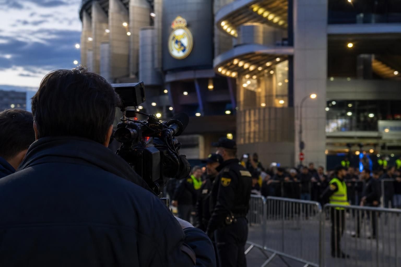 Transfercontext rond Real Madrid met pers en stadionlicht, zonder herkenbare gezichten
