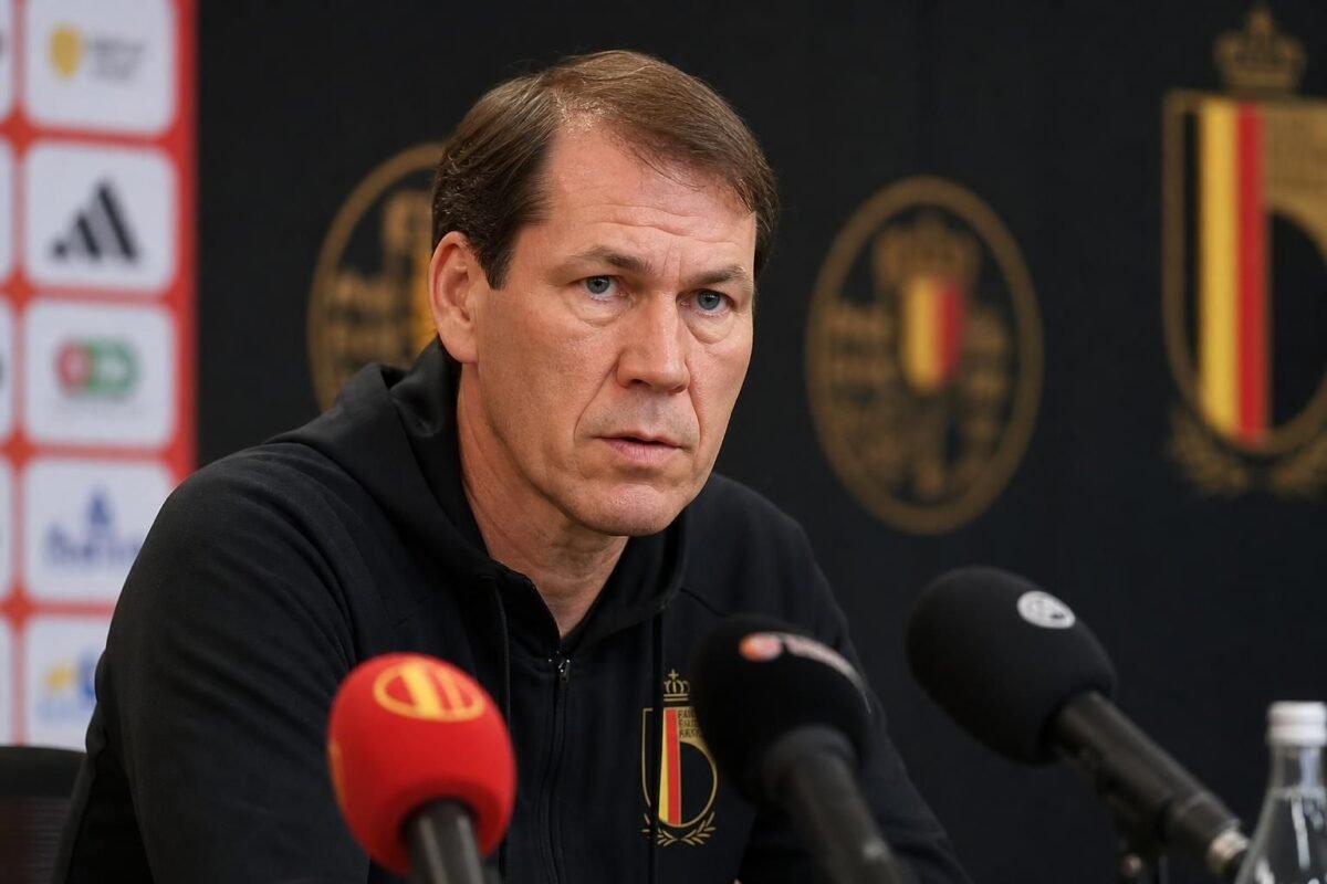 Rudi Garcia tijdens een gespannen persmoment bij de Rode Duivels.