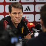 Rudi Garcia tijdens een persmoment van de Rode Duivels in aanloop naar het WK