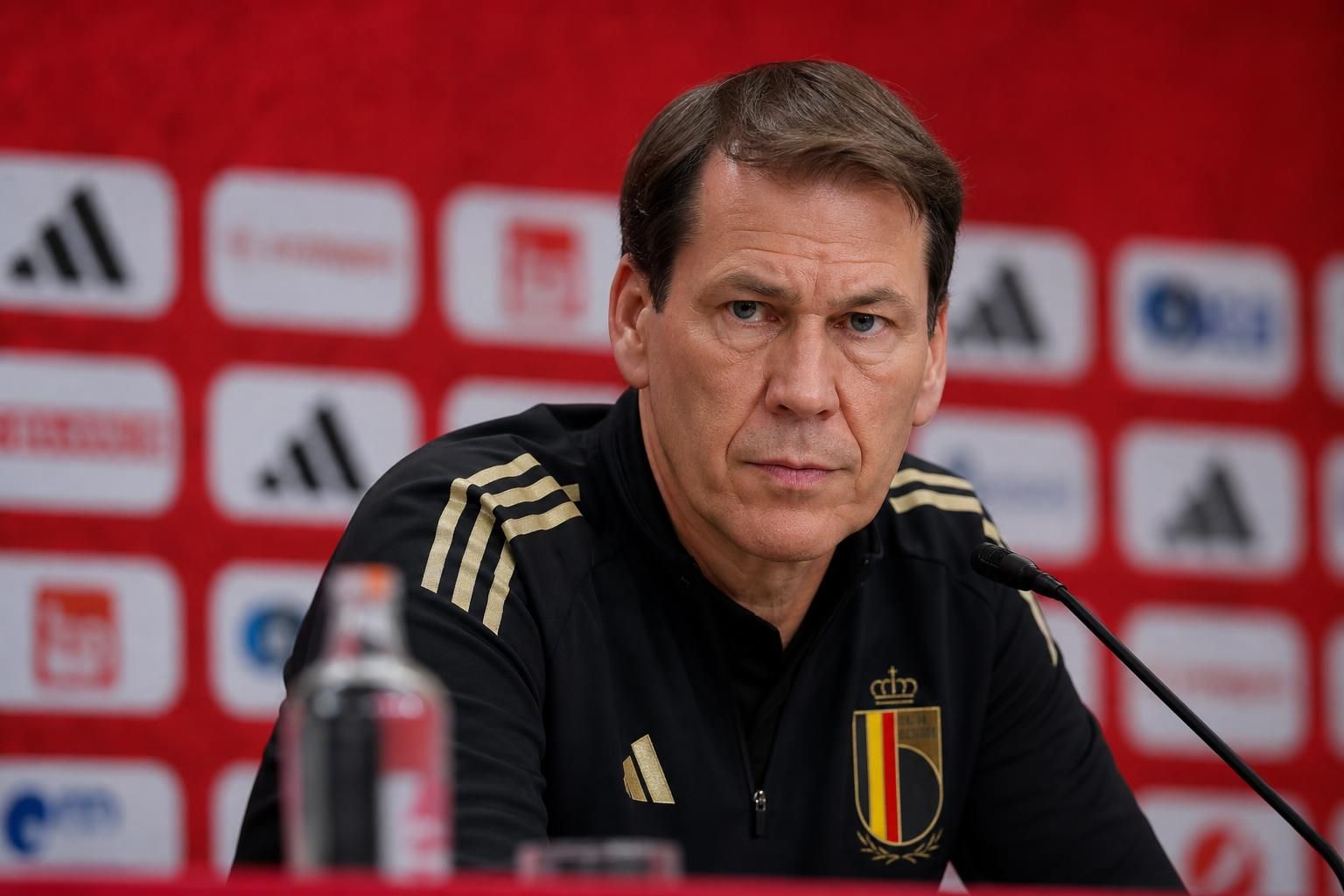 Rudi Garcia tijdens een persmoment van de Rode Duivels in de WK-voorbereiding