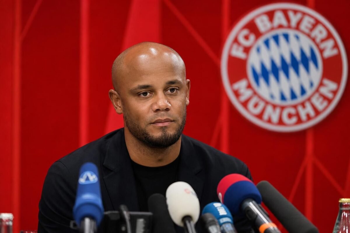 Vincent Kompany tijdens een gefocust persmoment bij Bayern München.