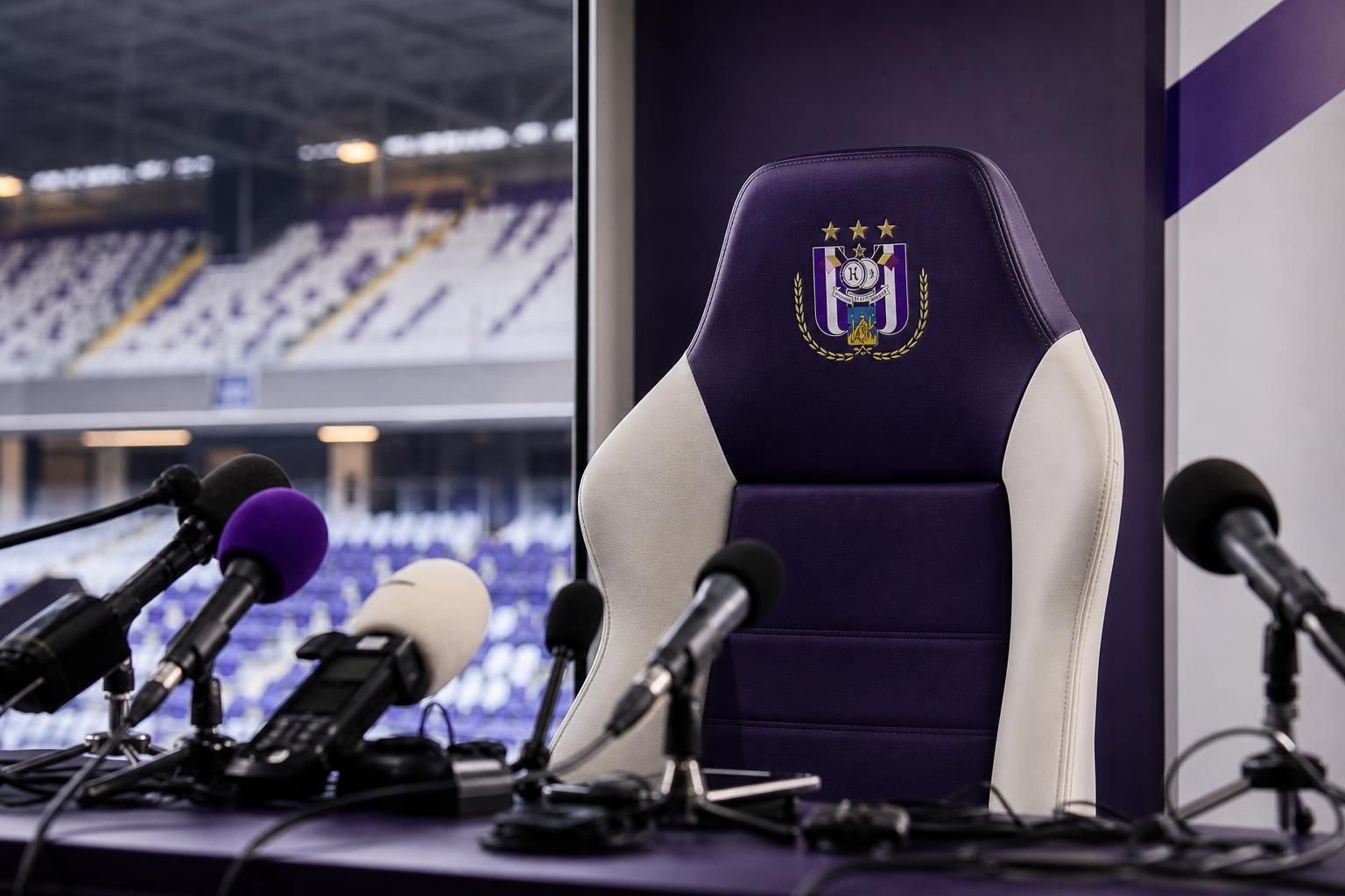 Lege persstoel in een paars-witte stadionomgeving bij de trainerszoektocht van Anderlecht