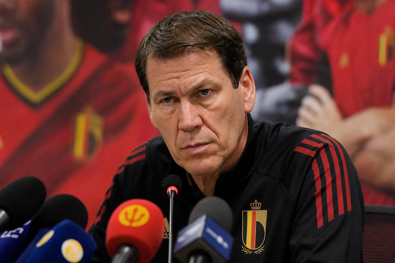 Rudi Garcia tijdens een gespannen persmoment rond de defensieve keuzes bij de Rode Duivels
