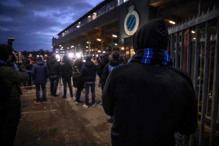 Transfergerichte sfeer rond Club Brugge met stadionomgeving en blauwe zwarte accenten zonder herkenbare gezichten
