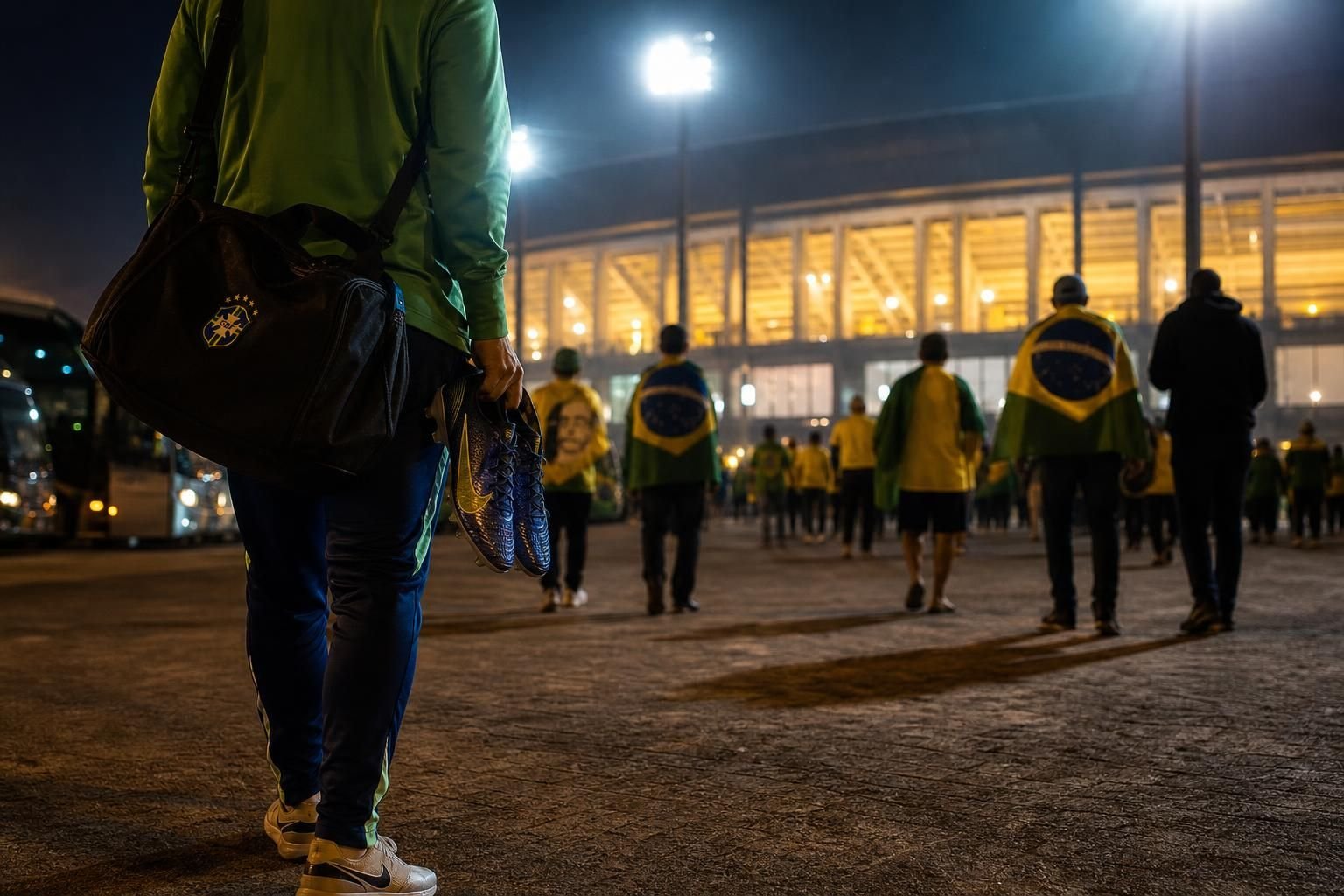 Braziliaanse WK-sfeer met reistassen en voetbalspullen bij een stadioningang.