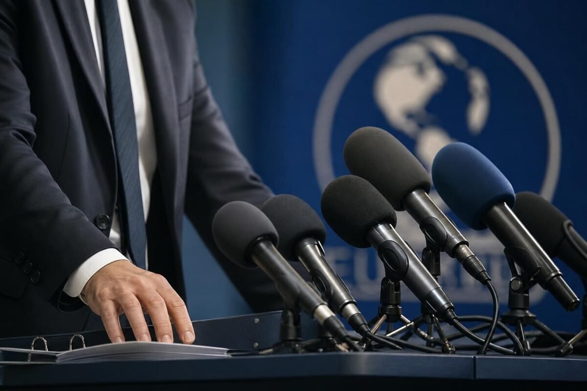 Pressruimte met microfoons rond een juridisch voetbaldossier over transferregels