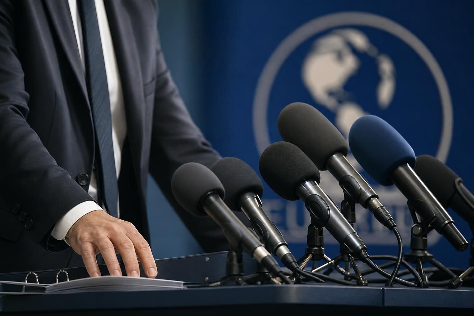 Pressruimte met microfoons rond een juridisch voetbaldossier over transferregels