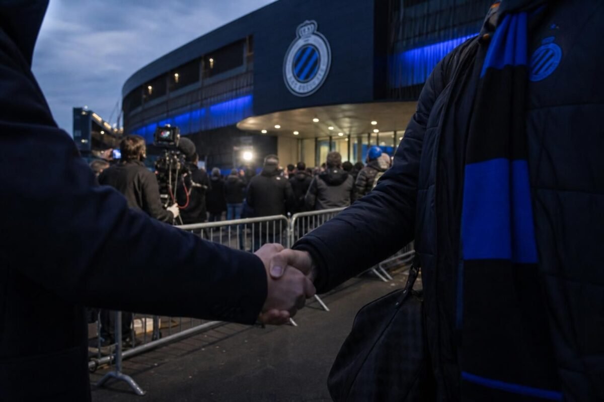 Transfercontext rond Club Brugge met media en stadionomgeving zonder herkenbare gezichten